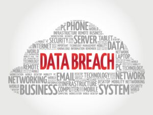 The term 'data breach' in red at the centre of a cloud made up of IT terms