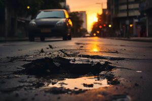 A street with a large pothole. 