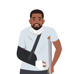 A cartoon man who has injured his neck, arm and leg.