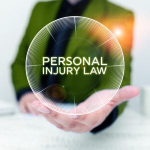 A No Win No Fee solicitor wearing green holds a bubble graphic that circles the words 'personal injury law'. 