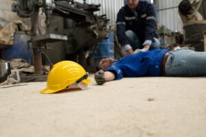 Man lying on the floor surrounded by colleagues after an accident at work. 