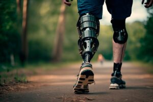 Someone walking down a street with a prosthetic leg