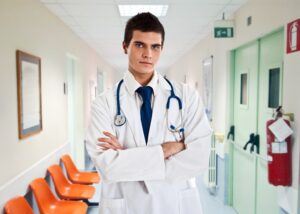 A male doctor with a stethoscope around his neck stood with his arms crossed in a hospital corridor.