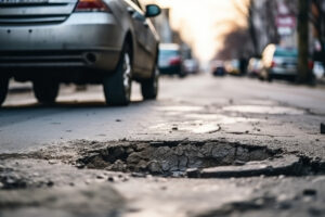 Car driving past a pothole on a council road.