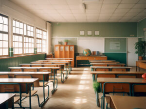 Interior of an empty school classroom with empty desks and chairs.