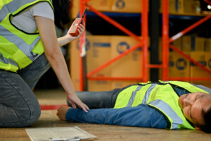 A worker in a hi-vis vest is lying down on a warehouse floor.