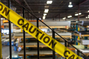 Yellow caution tape blocking access to a warehouse after a fatal incident